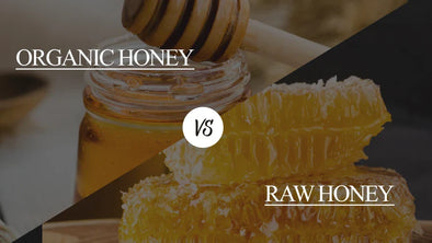 A comparison image of "Organic Honey" on the left, featuring a glass jar with a honey dipper, and "Raw Honey" on the right, showcasing pieces of honeycomb, with a "vs" symbol in the center.