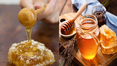 wo images: one showing honey dripping from a wooden dipper onto a honeycomb and the other showing a jar of honey with a wooden dipper, lavender sprigs, and honeycomb on a wooden board.